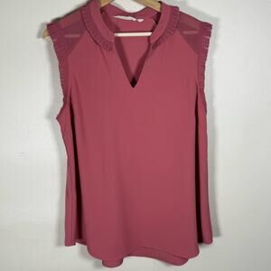 Soft Surroundings Ruffle V Neck Sleeveless Sheer Panel Blush Mauve Pink Large
